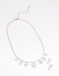 Rhodium Diamond Simulant Flower Necklace and Earrings Set - link has visual effect only