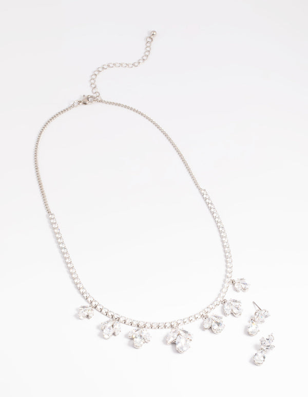 Rhodium Diamond Simulant Flower Necklace and Earrings Set