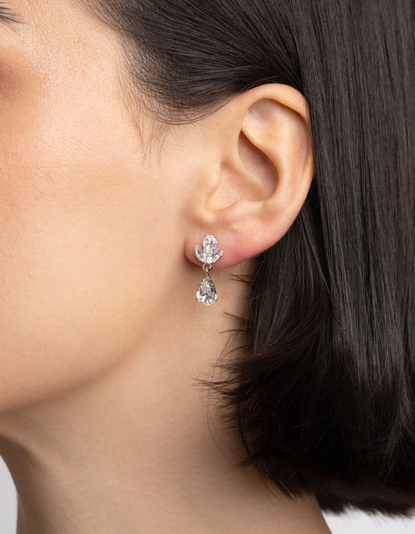 Rhodium Diamond Simulant Flower Necklace and Earrings Set