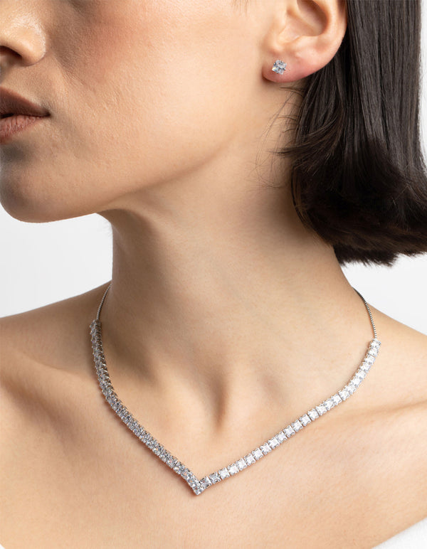 Rhodium Diamond Simulant Square Necklace and Earrings Set