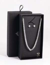 Rhodium Diamond Simulant Square Necklace and Earrings Set - link has visual effect only