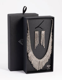 Rhodium Diamond Simulant Waterfall Necklace and Earrings Set - link has visual effect only