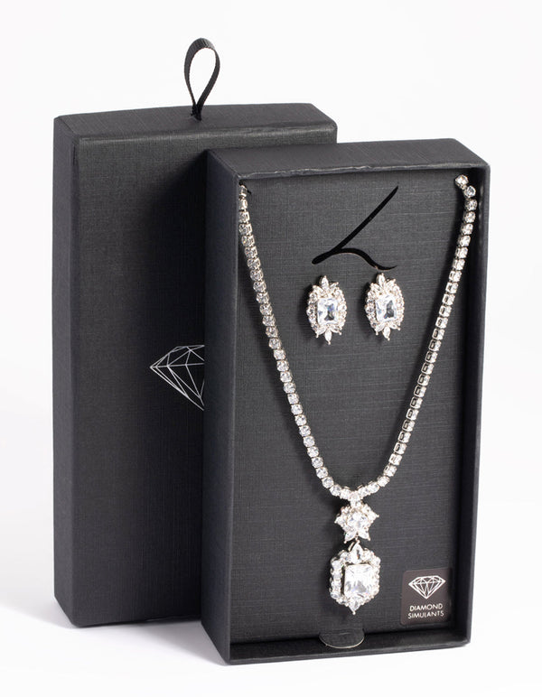 Rhodium Diamond SImulant Vintage Necklace and Earrings Set