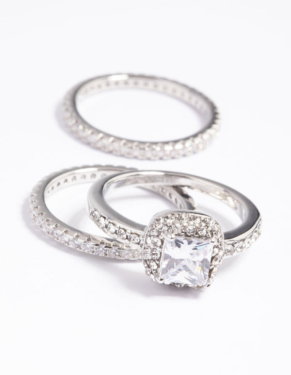 Rhodium Diamond Simulant Square Ring Pack