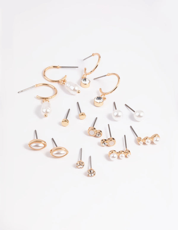 Gold Mixed Pearl Stud and Huggie Hoop Earring Pack