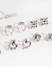 Antique Silver Vintage Motif Stud Earring Pack - link has visual effect only