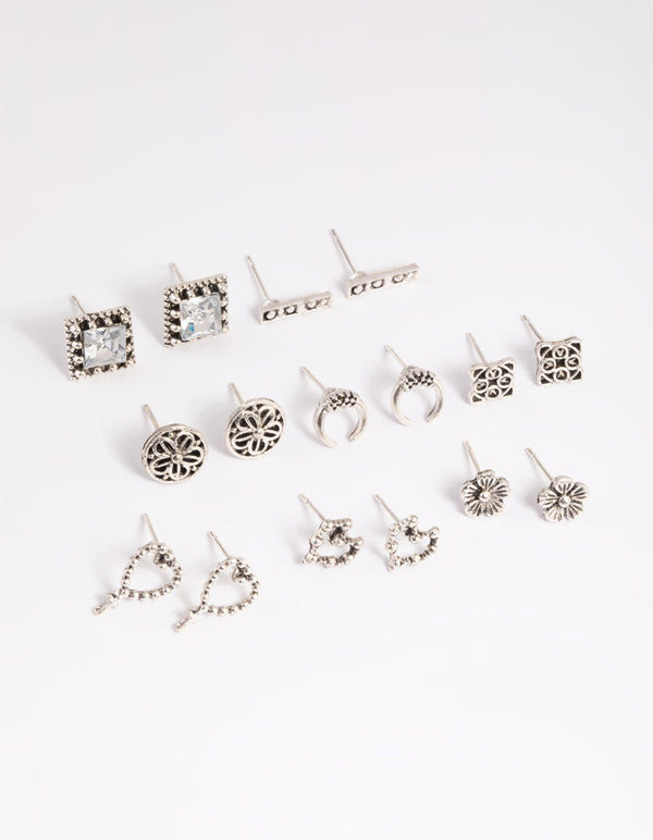 Antique Silver Vintage Motif Stud Earring Pack