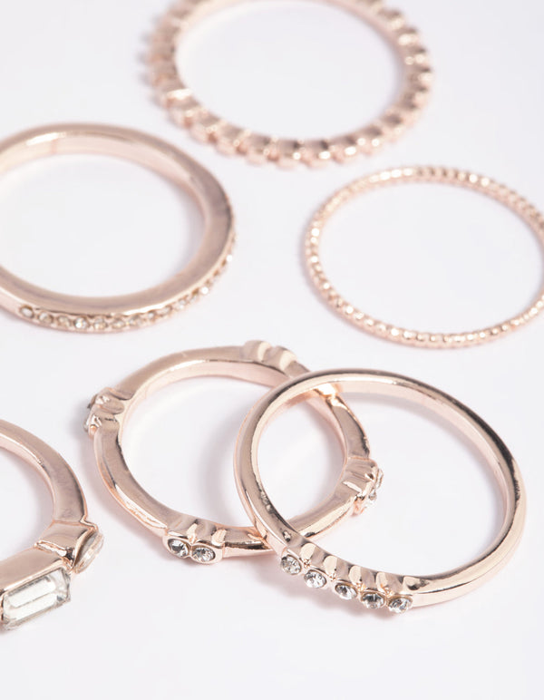 Rose Gold Diamante Baguette Ring Stack Pack