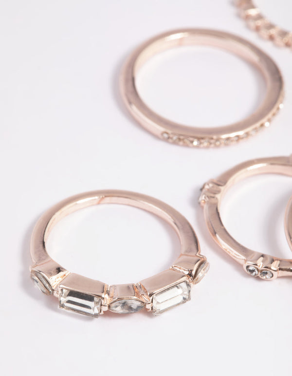Rose Gold Diamante Baguette Ring Stack Pack