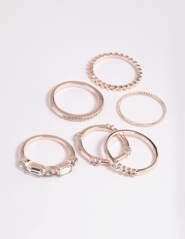 Rose Gold Diamante Baguette Ring Stack Pack
