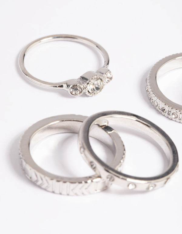 Rhodium Textured Ring Stack Pack