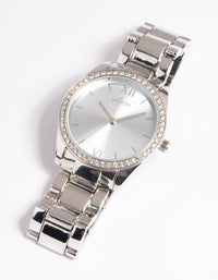Rhodium Diamante Link Strap Watch - link has visual effect only