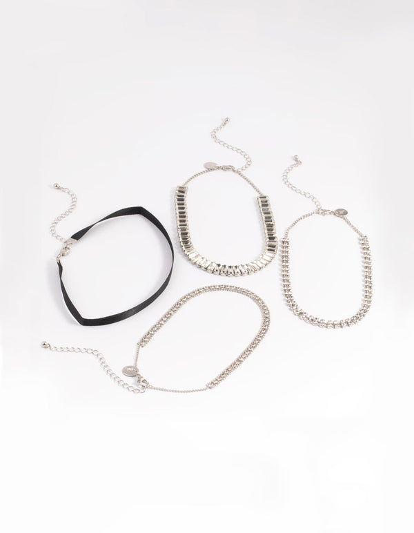 Rhodium Satin and Diamante Choker Pack