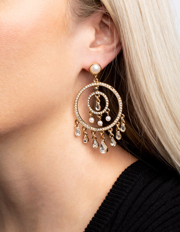 Gold Diamante Circular Vintage Drop Earrings