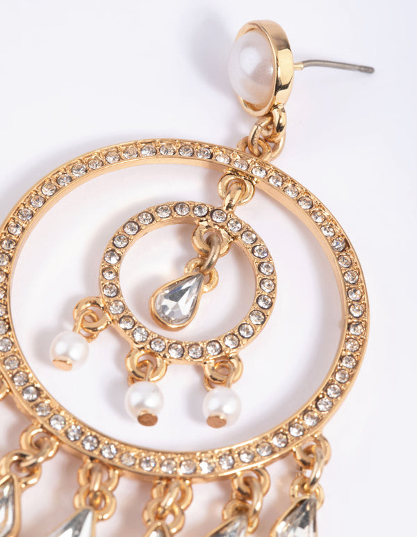 Gold Diamante Circular Vintage Drop Earrings