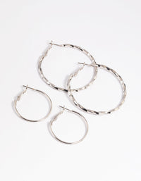 Rhodium Plain Text Hoop Earring Set - link has visual effect only