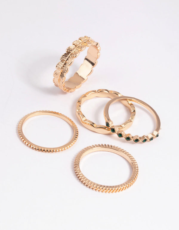 Green Diamante and Leaf Ring Stack Pack