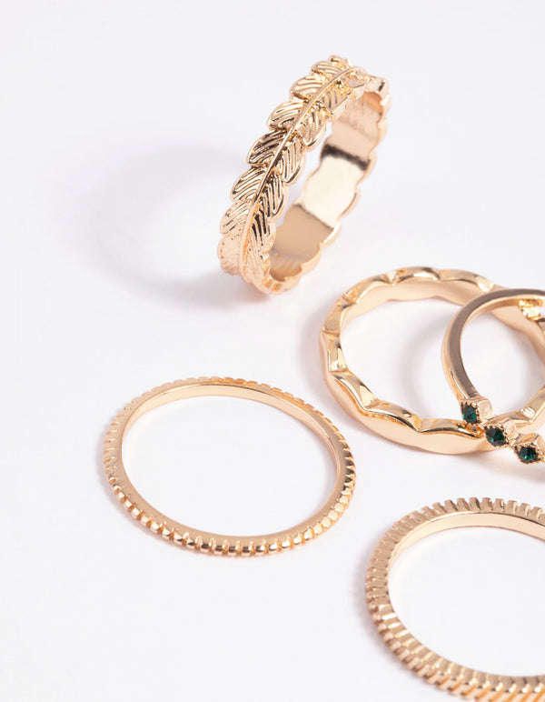 Green Diamante and Leaf Ring Stack Pack