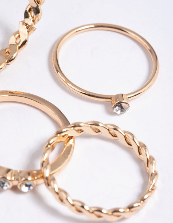 Gold Diamante Twisted Ring Stack Pack