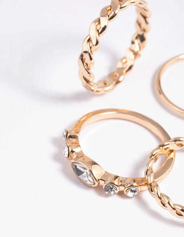 Gold Diamante Twisted Ring Stack Pack
