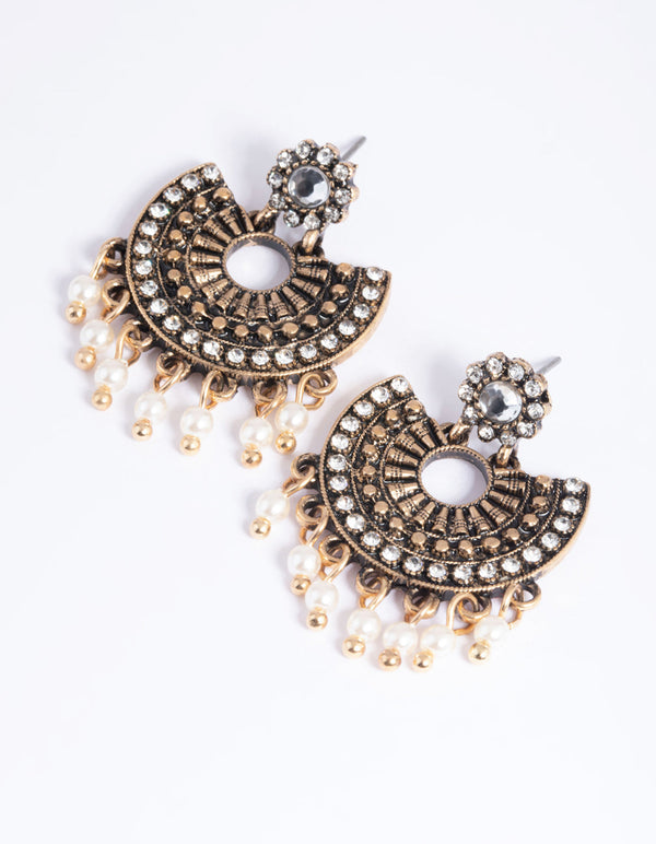Antique Gold Diamante and Pearl Vintage Drop Earrings