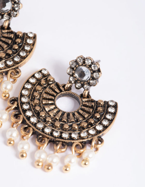 Antique Gold Diamante and Pearl Vintage Drop Earrings