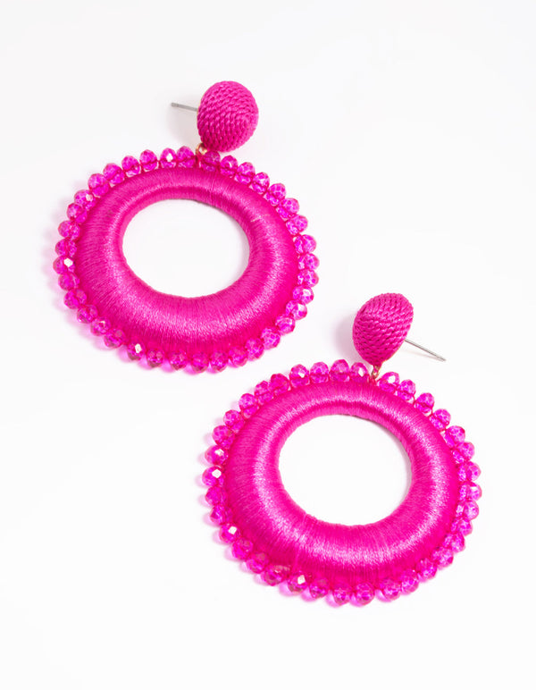 Fuchsia Thread Wrapped Disc Drop Earrings