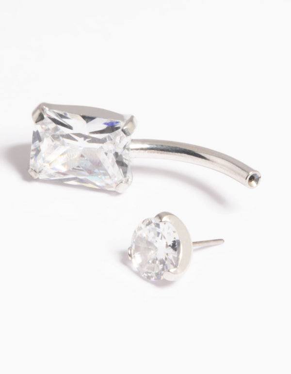 Platinum Plated Titanium Threadless Cubic Zirconia Baguette Belly Bar
