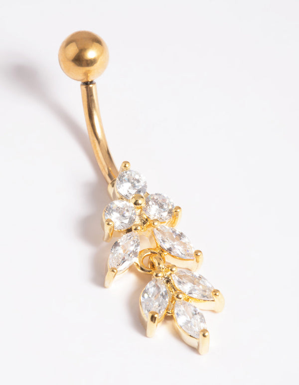 Gold Plated Titanium Threadless Marquise Crystal Belly Bar