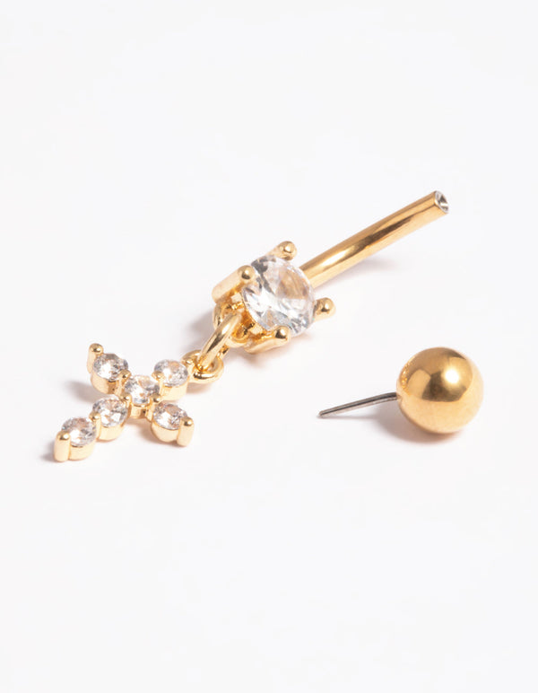 Gold Plated Titanium Threadless Cubic Zirconia Cross Belly Bar