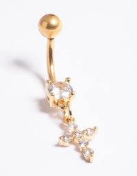 Gold Plated Titanium Threadless Cubic Zirconia Cross Belly Bar - link has visual effect only
