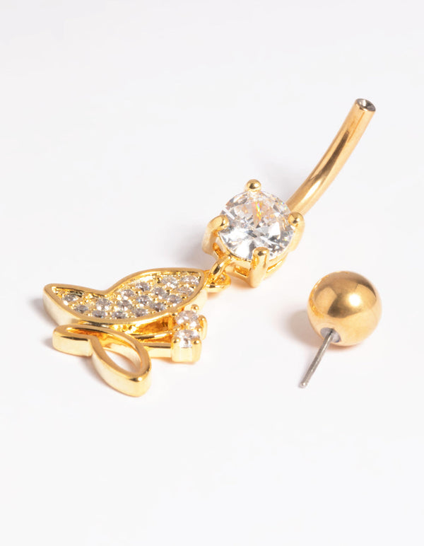 Gold Plated Titanium Threadless Pave Butterfly Belly Bar