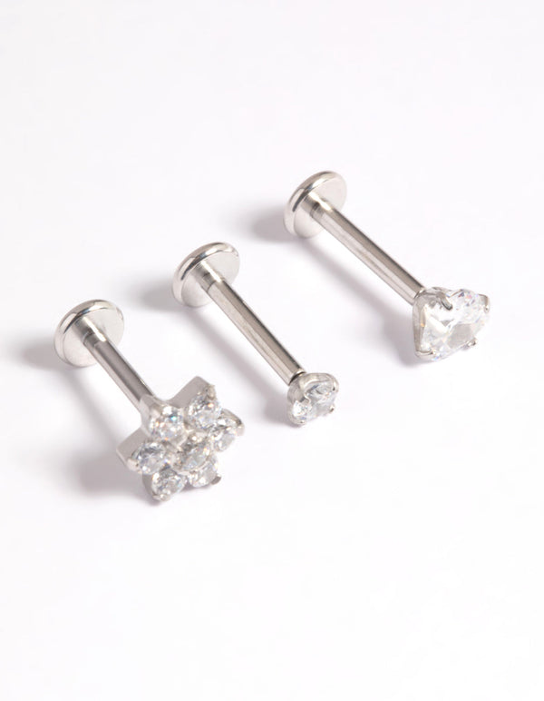 Platinum Plated Titanium Threadless Cubic Zirconia Flower Flat Back Pack