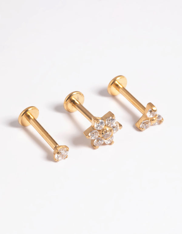 Gold Plated Titanium Threadless Cubic Zirconia Flower Flat Back Pack