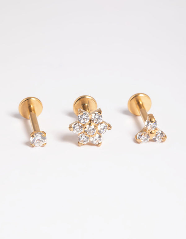 Gold Plated Titanium Threadless Cubic Zirconia Flower Flat Back Pack