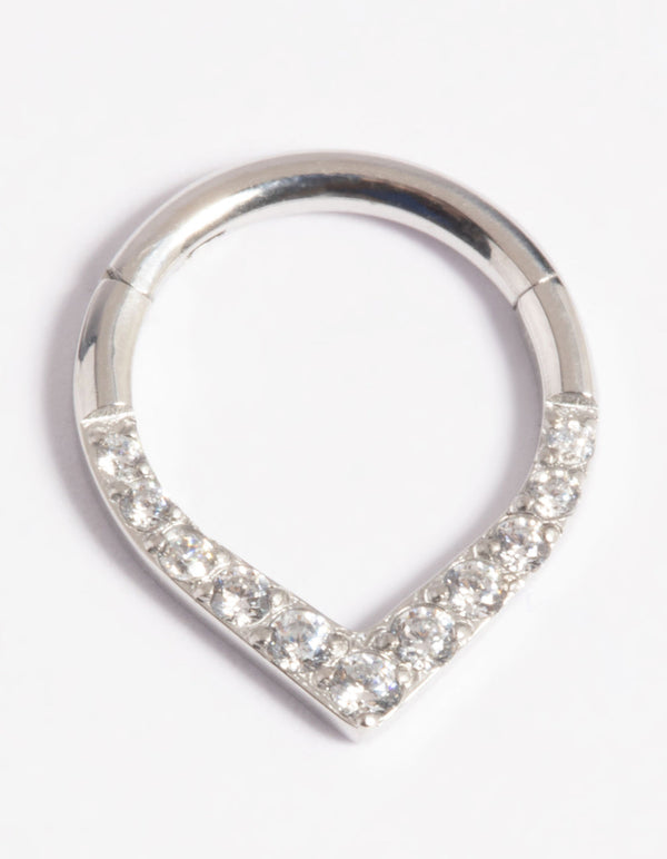 Platinum Plated Titanium Cubic Zirconia Pear Clicker Ring
