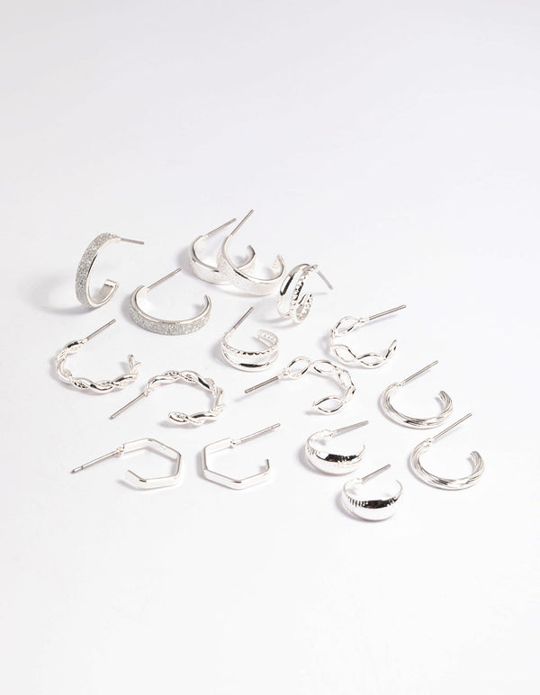 Silver Textured Glitter Hoop Earring Pack