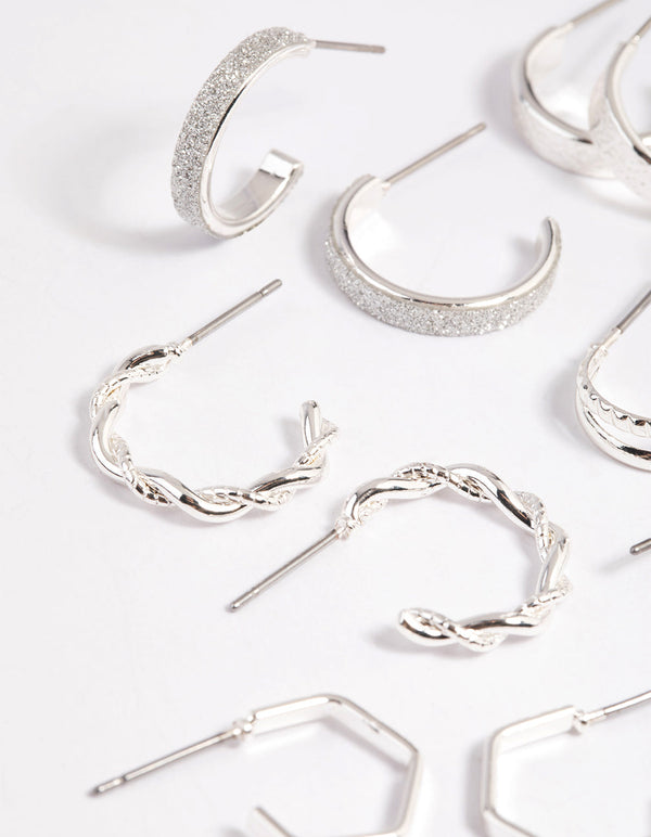 Silver Textured Glitter Hoop Earring Pack