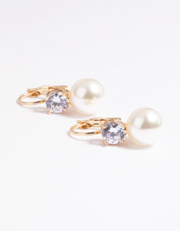 Gold Cubic Zirconia Pearl Huggie Hoop Earrings