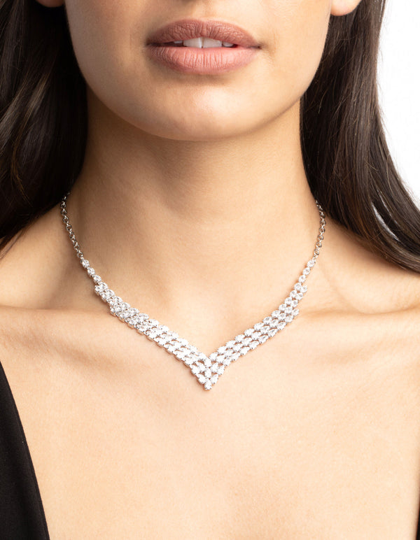Rhodium Cubic Zirconia Marquise Statement Necklace