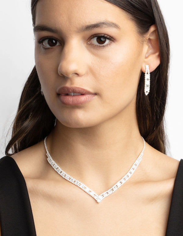 Silver Cubic Zirconia Statement Necklace and Earrings Set