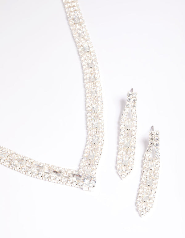 Silver Cubic Zirconia Statement Necklace and Earrings Set
