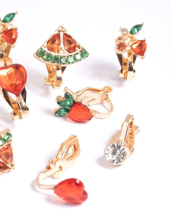 Kids Diamante Fruit Clip On Earring Pack
