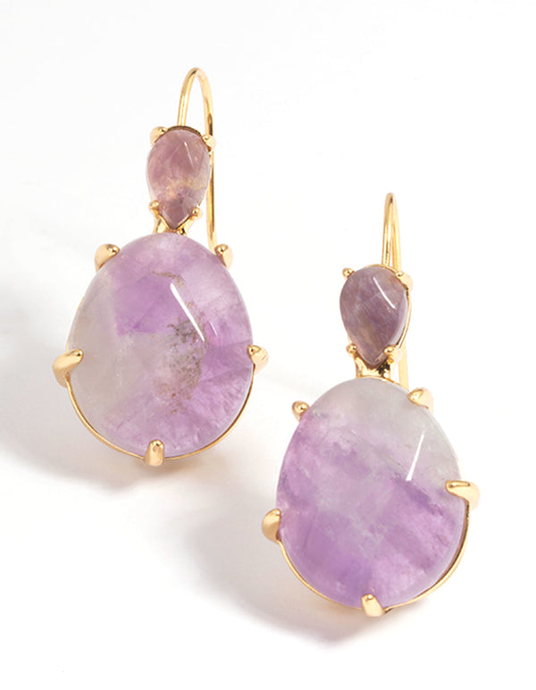 Gold Plated Semi Precious Stone Oval Drop Earrings