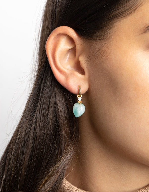 Gold Plated Cubic Zirconia and Amazonite Huggie Hoop Earrings