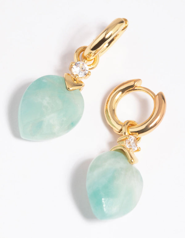 Gold Plated Cubic Zirconia and Amazonite Huggie Hoop Earrings