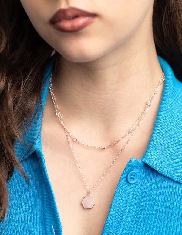 Rose Gold Plated Cubic Zirconia and Quartz Layered Necklace