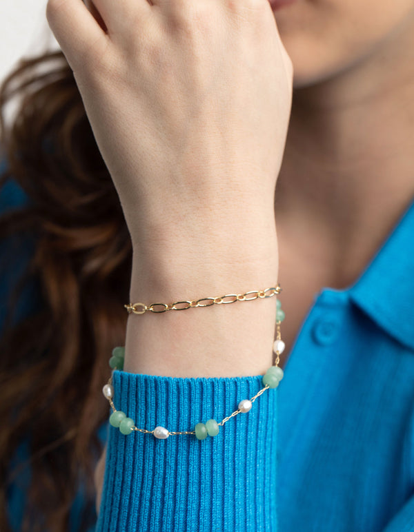 Gold Plated Green Aventurine and Freshwater Pearl Bracelet