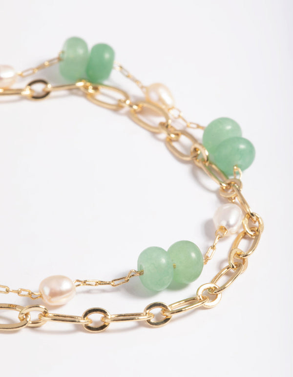 Gold Plated Green Aventurine and Freshwater Pearl Bracelet