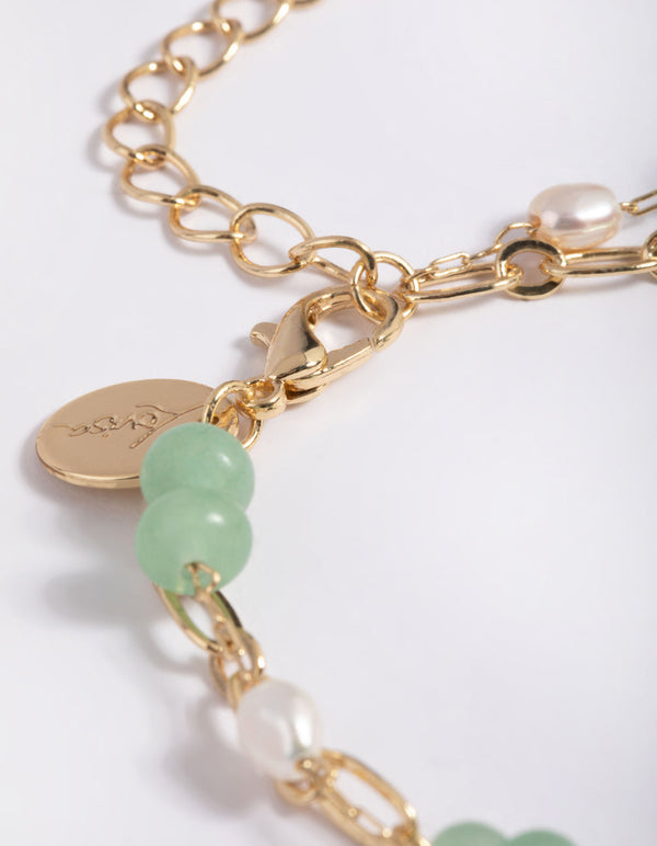 Gold Plated Green Aventurine and Freshwater Pearl Bracelet